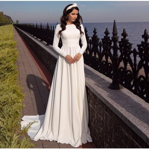 Beach Summer Outdoor Satin Bridal Gown A Line Long Sleeve Boat Neck Backless Button Maxi Church Wedding Dresses Custom Made 2021