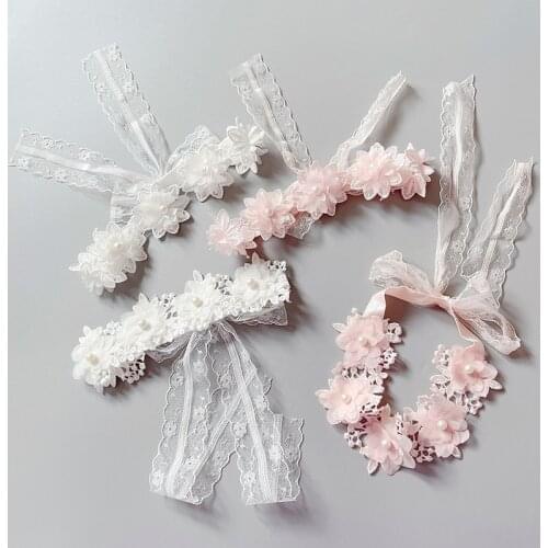 Floral Girls Hairband Lace Summer Baby Headband White Pink Wreath for Children Flower Headwear Photo Props Kids Hair Accessories