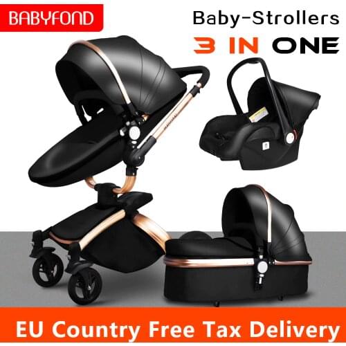 Multi-functional Luxury Baby stroller 3 in 1 High landscape stroller gold frame PU Pram two-way Car Seat Bassinet newborn