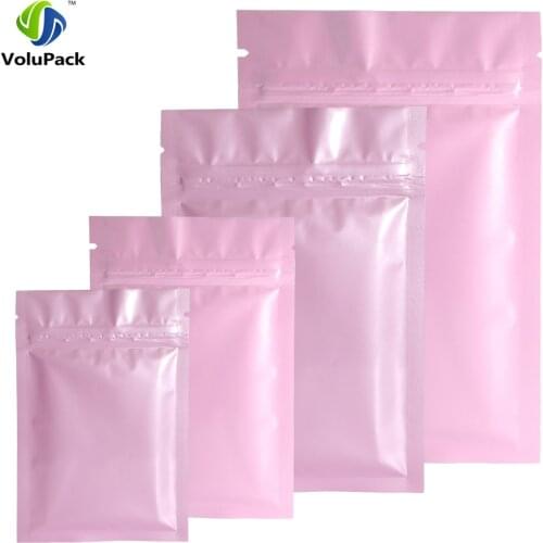 High Quality 100pcs Zipper Top Flat Storage Bag Heat Sealing Metallic Mylar Glossy Pink Zip Lock Bags with Tear Notch