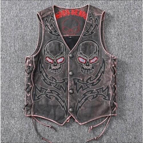 YR!Free shipping.Wholesales.quality skull genuine leather coat,biker vintage leather clothes.Skeleton Motorcycle leather Vest