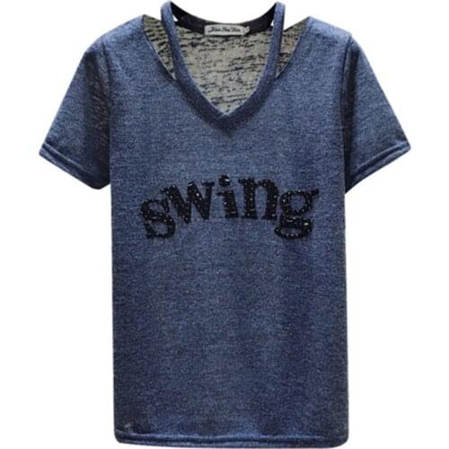 GGRIGHT Silver Shiny Lurex Diamonds T Shirts Women 2019 Summer Slim Sexy V-Neck Short Sleeve T shirt Woman Letter Tees Harajuku