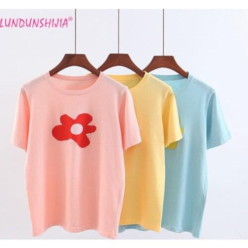 LUNDUNSHIJIA 2019 Summer New Arrival Ice Silk Knitting T-shirts For Women Fashion Flowers Print High Elasticity Female T-shirt