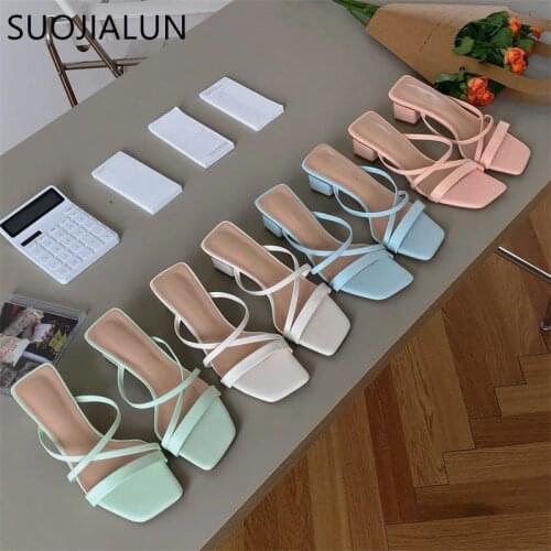 SUOJIALUN Women Summer Slipper Fashion Narrow Band Slip On Open Toe Sandals Casual Outdoor Square Heel Slides Women Slipper