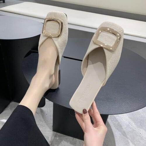Women slippers outside spring new Half-drag flat shoes Solid color metal decorative square head comfortable skin-friendly U30-12
