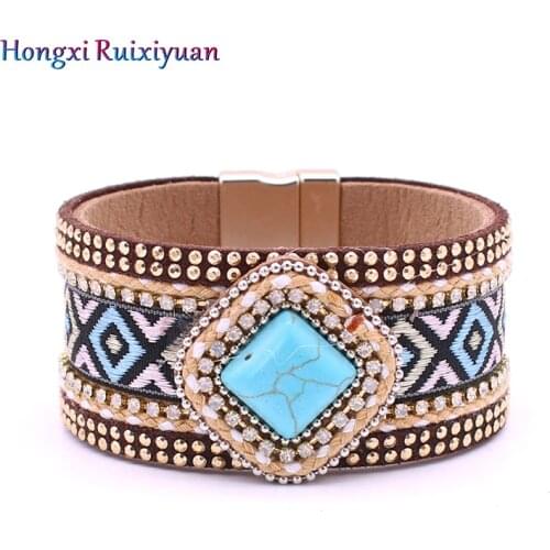 Handmade Jewelry Bracelet Bohemian Style Retro Geometric Pattern Bracelet Rhinestone Braided Leather Friendship Bracelet Jewelry