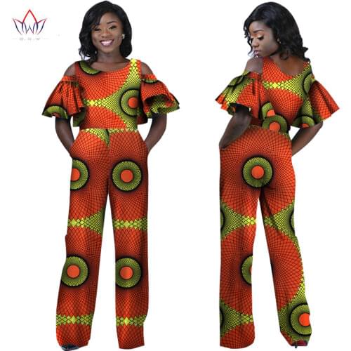 African Jumpsuit for Women Sexy Ruffles Sleeve Jumpsuit Dashiki Clothing Pure Cotton Batik Wax Printed Clothing BRW WY2085