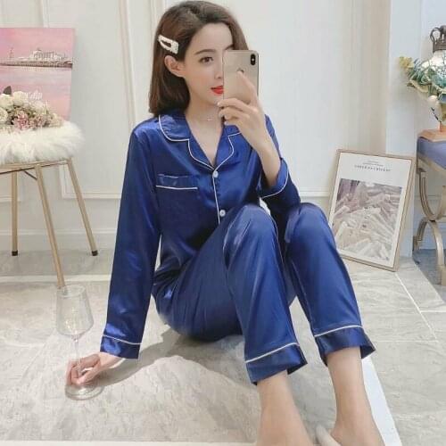 European and American style womens simple Lapel cardigan in spring and Autumn silk sleepwear Ladies underwear