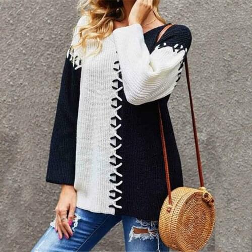 Spring Autumn Office Knitted Ladies Jumper WomenString Patchwork Long Sleeve O-neck Pullover Sweaters Femme 2021