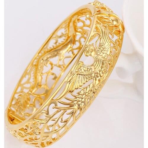 Thick Dragon Phoenix Bangle Yellow Gold Filled Womens Bangle Bracelet Dia 6cm