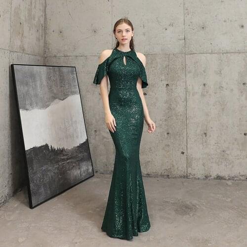 Sexy Sequined Evening Dress 2020 Halter Mermaid Dress Sparkle Party Dresses Robe De Soiree Vestidos De Gala Sleeveless