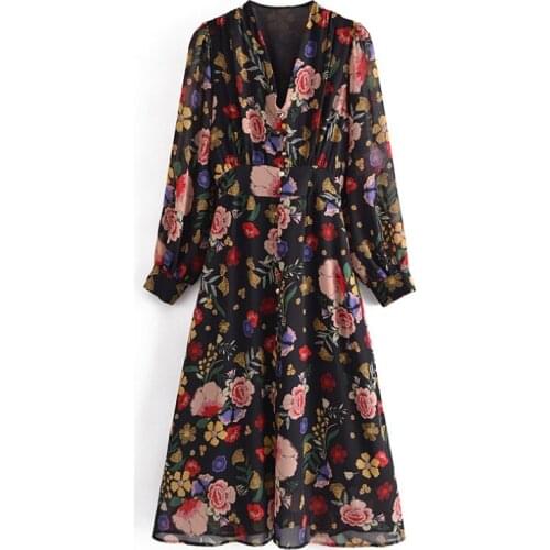 Women Vintage V Neck Floral Print Midi Dress Elegant Puff Sleeve Long Dress Female Single Breasted A Line Dresses