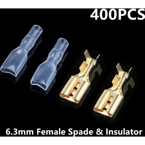 400PCS 6.3mm Female Spade Crimp Terminals Electrical Wire Butt Connectors + Insulated Tube