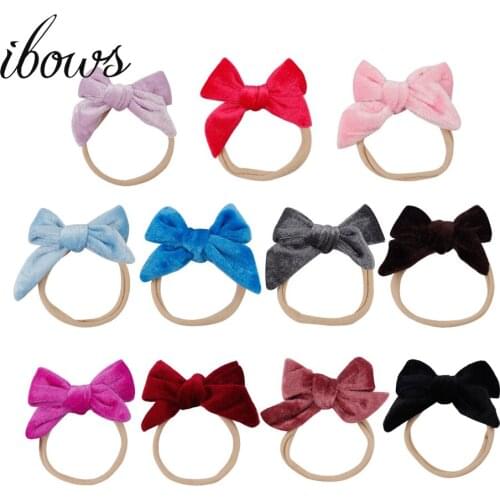 5 Pcs/Lot Elastic Nylon Headband With Velvet Hair Bows For Girls Hair Accessories Kids Elastic Headband Solid HAIRBOW Headwear