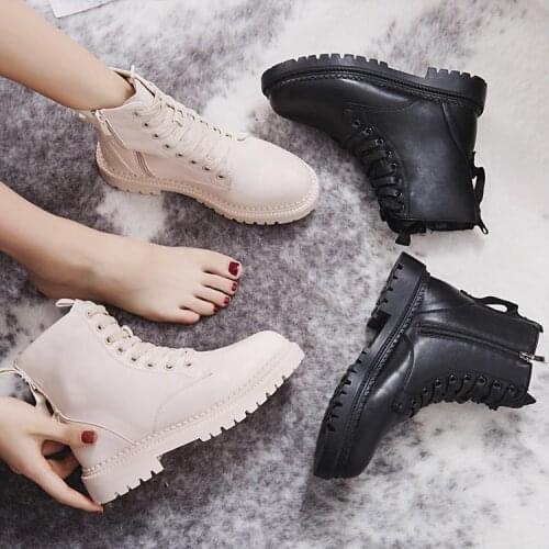 Fashion Zipper Flat Shoes Woman High Heel Platform PU Leather Boots Lace up Women Shoes Ankle Boots Girls 35-40 hjk890