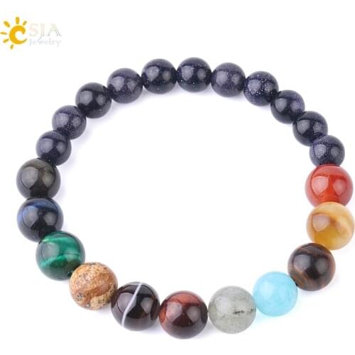 CSJA 8mm Blue Sand Mixed 10mm Natural Stone Bracelet Simple Elastic Bracelets for Men Women Jewelry Beaded Stretch Pulseras F760