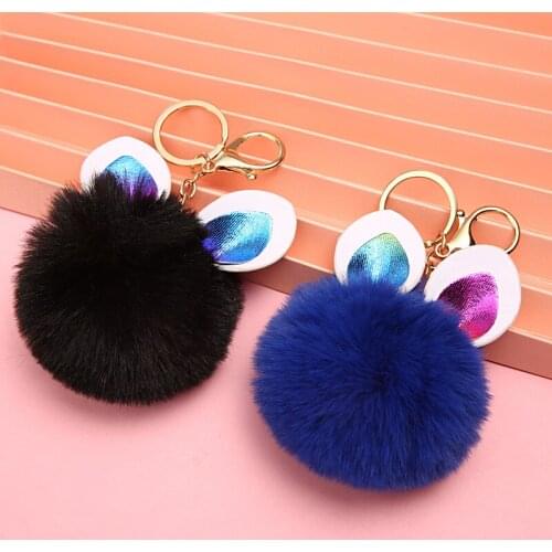 Cute Rabbit Ears Artificial Rex Fur Keychain Pompom Car Keyring Gold Color Chains Pompons Ball Bag Charms Fluffy Porte Clef