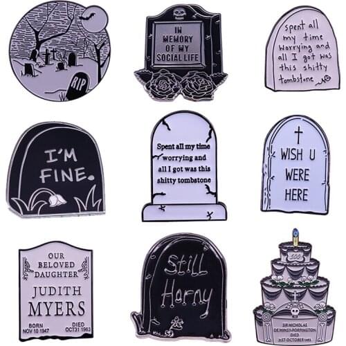 Cemetery Rest in Peace RIP Tombstone Headstone Grave Gothic Enamel Brooch Pins Badge Lapel Pin Brooches Alloy Metal Accessories