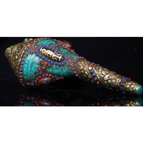 11"Tibet Buddhism Temple Old Tibet Silver Natural conch Tracing Gem Dzi Beads Dharma Ward off evil spirits Horn Trumpet