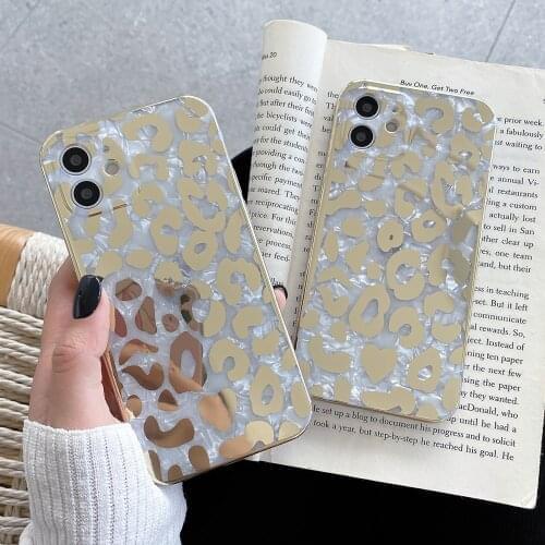 Luxury Shell Plating Leopard Phone Case for Iphone 11 12 Pro Mini Glitter Soft IMD Case for Iphone X Xr Max 7 8 Plus Back Cover