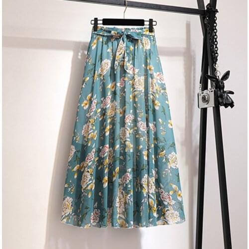2021 Summer New Bohemian Print Chiffon Skirt Stretch High Waist Pleated A-line Long Skirt