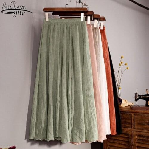 2021 Cotton Linen Maxi Long Skirt Summer Vintage Elastic Waist Solid Pleated Long Skirts Autumn Chic Boho Beach Women Skirt