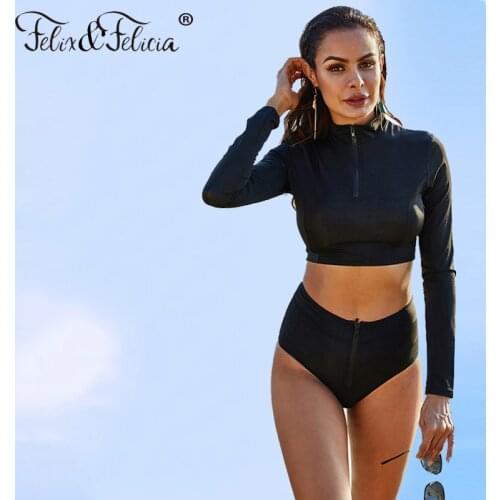 FELIX&FELICIA Swimsuit Women High Waist Swimwear Sexy Push Up Bikini Solid Swimming Suit Female Two-Piece Long Sleeve Beach Wear