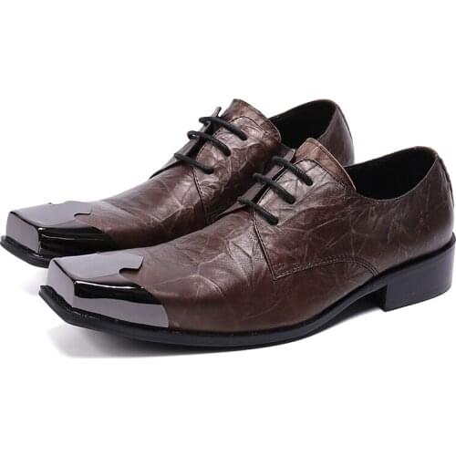 British Style Leather Shoes for Men Plus Size Metal Square Toe Mens Party Oxfords Shoes Fashion Lace Up Man Brogue Shoes