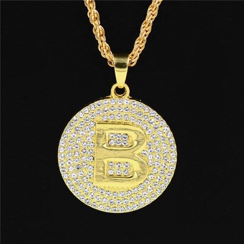 Iced Out Round Micro Pave Medallion Cubic Zircon Alphabet Necklace Initial B Letter Pendant Necklace Hip Hop Jewelry Gift Charm