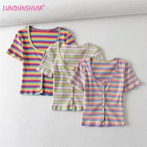 LUNDUNSHIJIA Colour Stripe Knitting Crop Tops Women O-Neck Cardigan 2021 Spring Summer Sexy Short Sleeve Sweaters Top