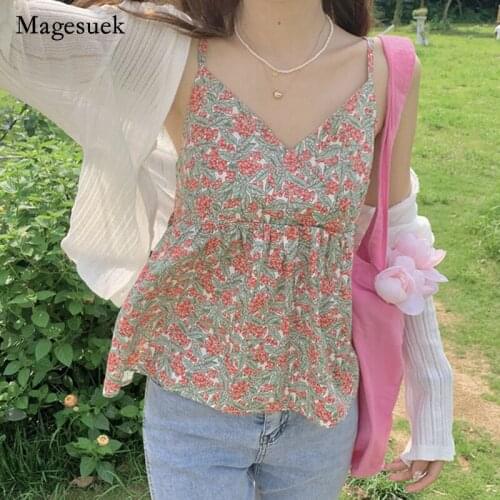 Sweet Summer 2021 Women Shirt Cotton V-neck Print Floral Shirts for Women Casual Female Slim Sleeveless Short Tops Blusa 14861