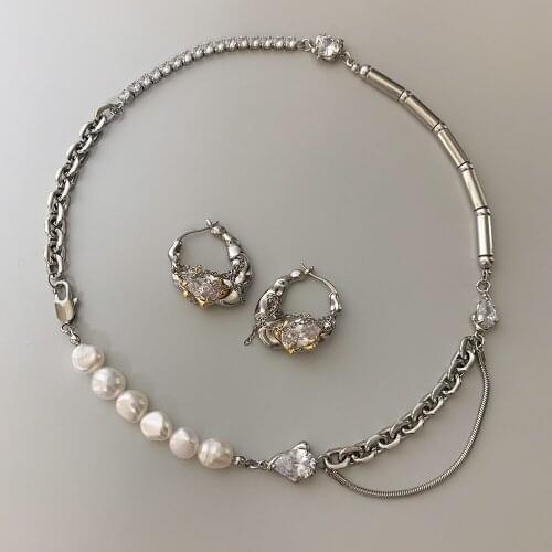 Fashion All-match Color Matching Earrings Personality splicing Freshwater Pearl Clavicle Necklace Women Trend Party Accessories