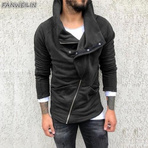 2021 Autumn New Hot Sale Black Hoodie Mens Solid Color Hooded Sweatshirt Cardigan Casual Slim Zip Up Oblique Placket Hoodies Man