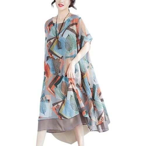 Summer Spring Women Chiffon Floral Print Midi Dress Short Sleeve Plus Size Big Hem Boho Robe Oversized T Shirt Dresses Vestidos