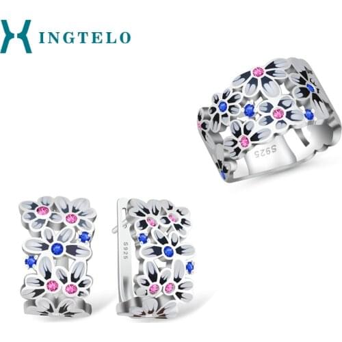 XINGTELO Wedding Ring Earrings Set for Bridal Enamel Jewelry Colorful Cubic Zirconia Hollow Flower 925 Silver Jewelry Set