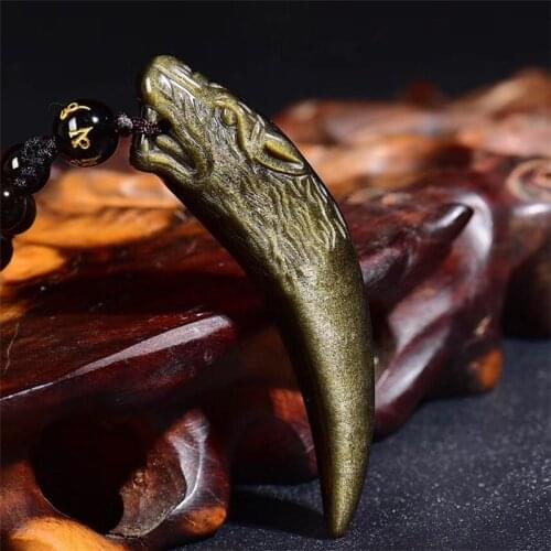 Natural Stone Gold Obsidian Handmade Carved Wolf Teeth Lucky Amulet Animal Pendant Powerful Fashion Jewelry Gift