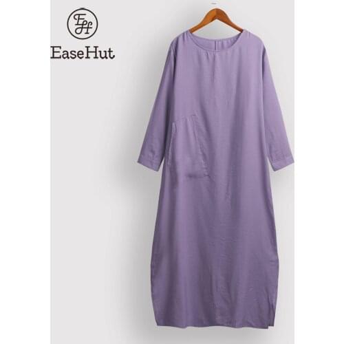 2021New Women Long Tunic Dress Soft Long Sleeve Pocket Split Hem Loose Fit Solid Caftan Ankle-Length Maxi Dress