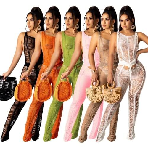 Solid Knitted Fishnet Women 2 Piece Set Hollow Out Crop Tank Top + Slim Jogger Pants 2021 Summer Beach Bikini Cover-ups Outfits