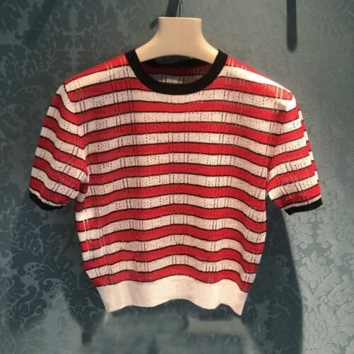 Round Neck Pullover Short-Sleeved Red Striped T-Shirt Slim Sexy Hollow Brand Design Tee Top 2021 Summer New Womens Clothing