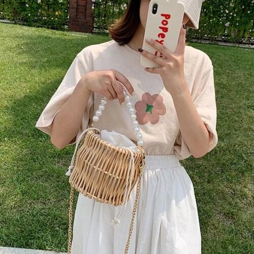 Summer Fashion Straw Beach Bags for Women Handmade Rattan Woven Pearl Beading Bucket Design Handbags Travel Female Shoulder Bag