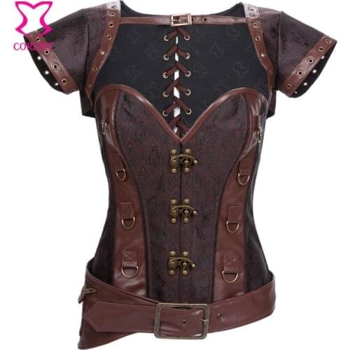 Steampunk Sexy Brown Broacde & Faux Leather Overbust Corset Wite Jacket&Belt Burlesque Body Shaper Gothic Corset Bustier Clothes