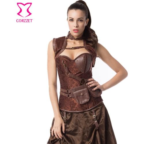 Vintage Brown Steel Boned Waist Slimming Corsets And Bustiers Gothic Corset Steampunk Clothing Women Plus Size Burlesque Costume