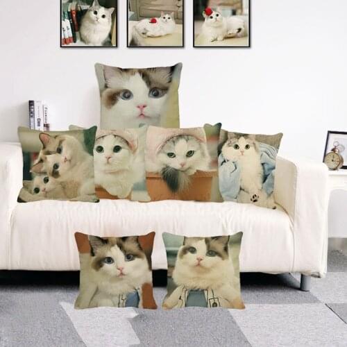 XUNYU Cute Animal Cushion Cover Beautiful Puppet Cat Throw Pillow Case Linen Cushion Case Sofa Bed Decorative Pillowcase 45x45cm