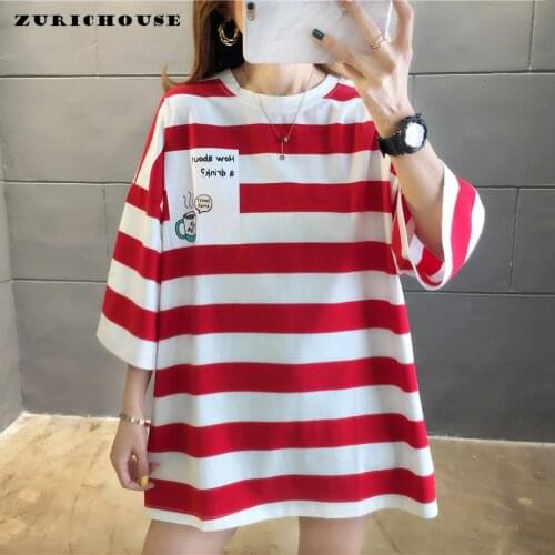 ZURICHOUSE 2021 Striped Print Woman T-shirt Short Sleeve O-neck Harajuku Style Casual Summer Oversied Tee Shirt Tops