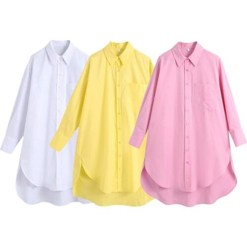 TRAF Za 2021 White Oversize Shirt Woman Pink Blouses Women Summer Collared Button Up Shirts Woman Long Sleeve Yellow Long Shirt