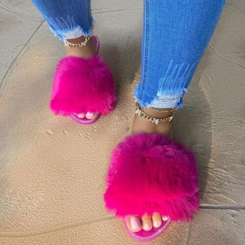 2021 Women Sandals Flat Shoes Summer Beach Slippers Candy Colors Plush Rabbit Fur Outdoor Slippers Handmade Rhinestones Shoes