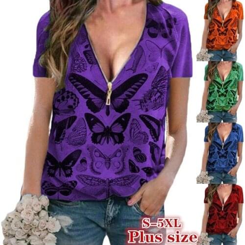 Butterfly Print Tops Tee Shirts Women Zipper T-shirt 2021 Summer Casual V-neck T Shirt Short Sleeve Female Tops mujer camisetas