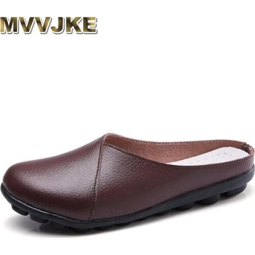 MVVJKE 2018 Summer Shoes Women Mules Flats Shoes Slip on Genuine Leather Female Footwears Casual Driver Loafers Slippers Shoes
