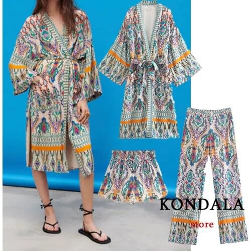 Indie Folk Chic Floral Women Sets Za 2021 Oversized Long Sashes Vintage Kimono Shirts Women and High Waist Wide Leg Shorts Suits