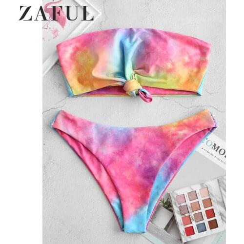 ZAFUL Women Strapless Tie Dye Knotted Bikini Swimwear Padded Wire Free Bandeau Bikini Sets Two Pieces Swimsuit Sexy Bathing Suit